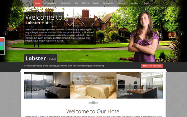 Bootstrap template Lobster Hotel - Responsive HTML Template