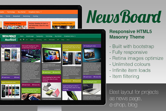 Bootstrap theme NewsBoard - Responsive Masonry Theme